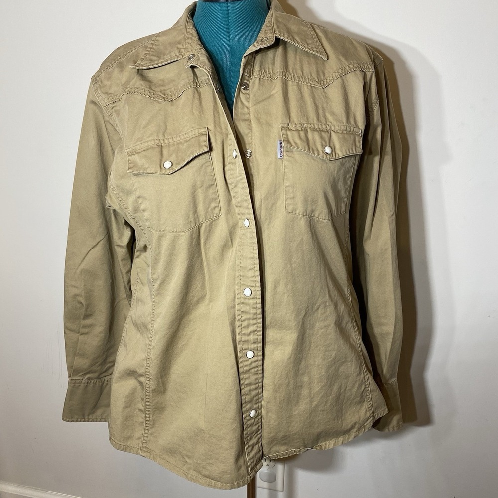 Carhartt Wmns Heavyweight Western Pearl Snap Work Shirt Size XL Khaki Chore Barn